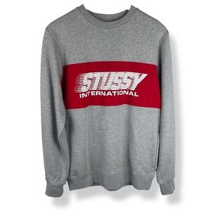 Stussy Logo Sweatshirt Red Panel Crewneck Mens Size‎ Small Streetwear 3 Pockets